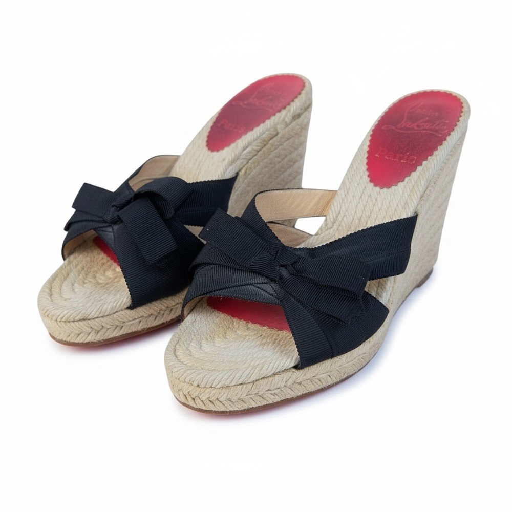 Christian Louboutin Black Grosgrain Bow Espadrille Wedge Sandals Red Bottoms‎